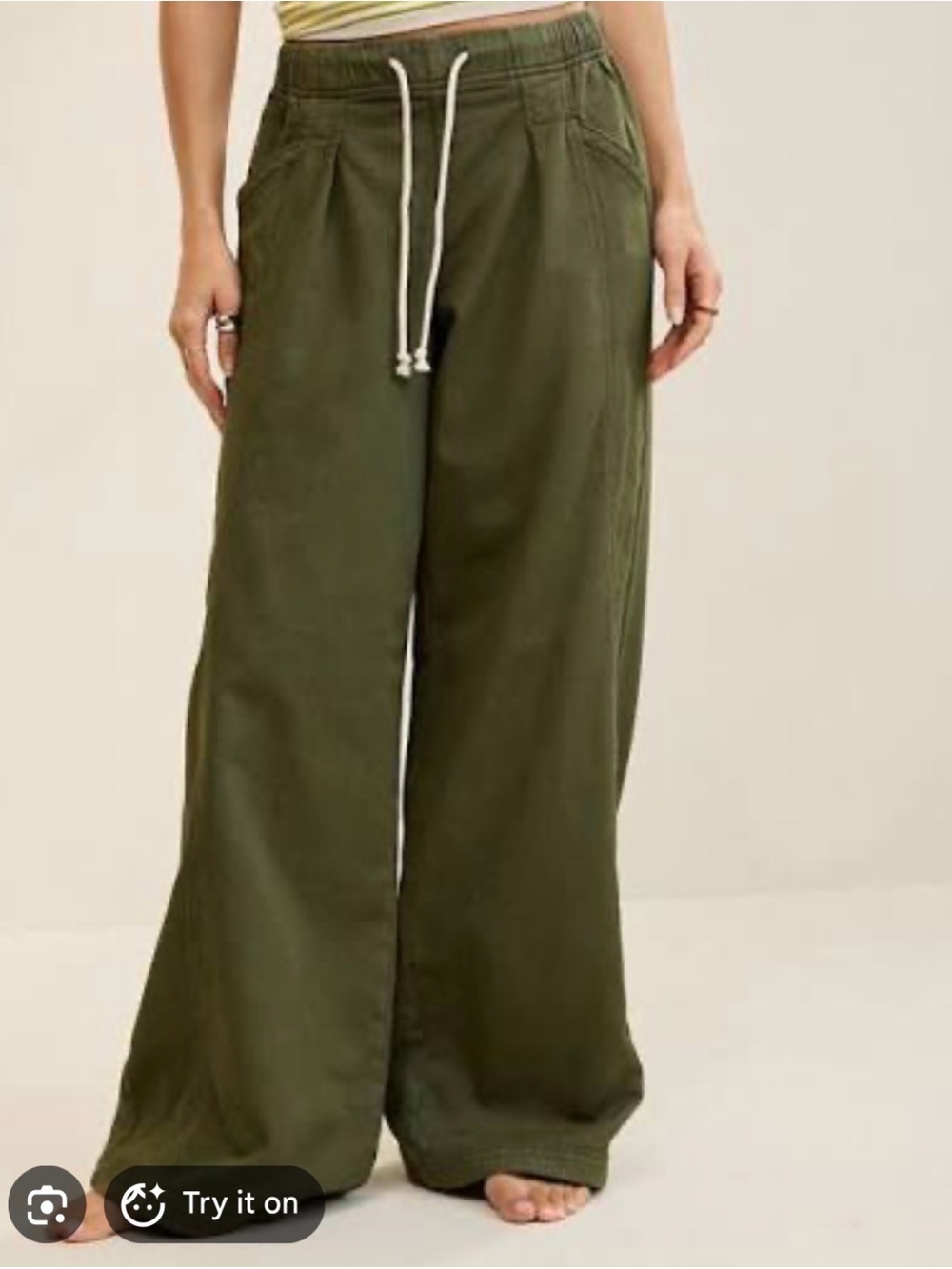 Olive Wide-Leg Drawstring Pants - Women aerie daydream denim stretch trouser - Picture 2 of 4